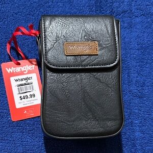 Wrangler Black Faux Leather Mini Crossbody with Brown Logo Patch
